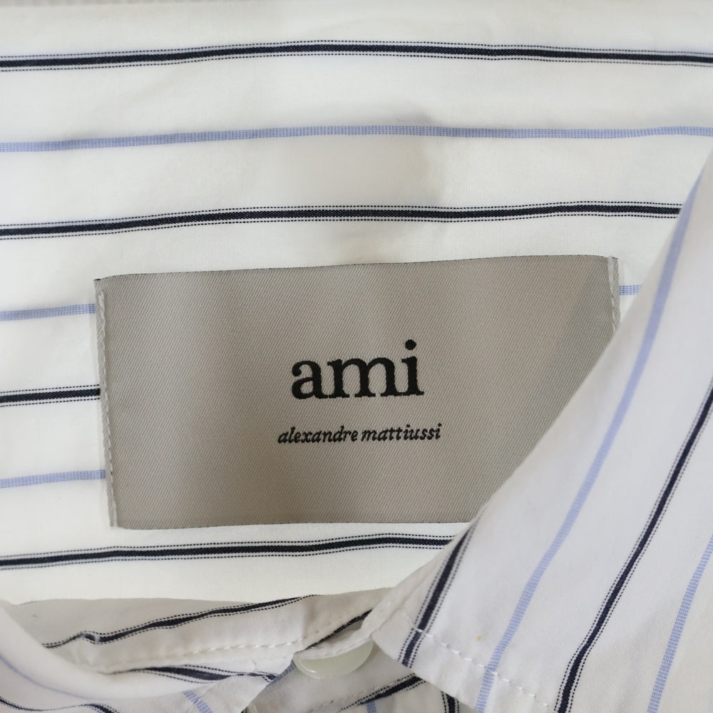 AMI Alexandre Mattiussi(アミアレクサンドルマテュッシ) Stripe Shirt ハートロゴ 長袖ストライプシャツ ホワイト USH800.CO0109