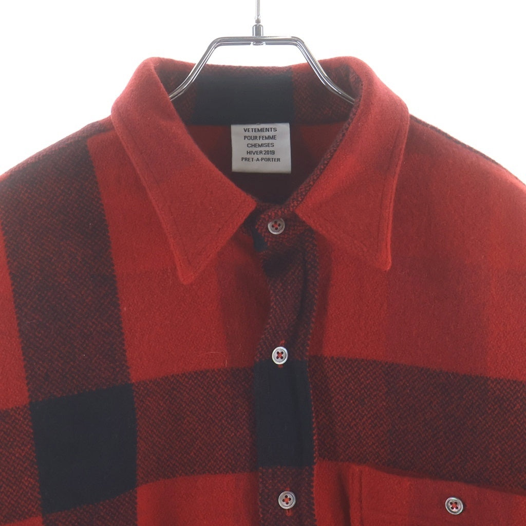VETEMENTS(ヴェトモン) 19SS Fringe Wool Western Shirt フリンジ オーバーサイズ チェック長袖シャツ レッド WAH19SH104