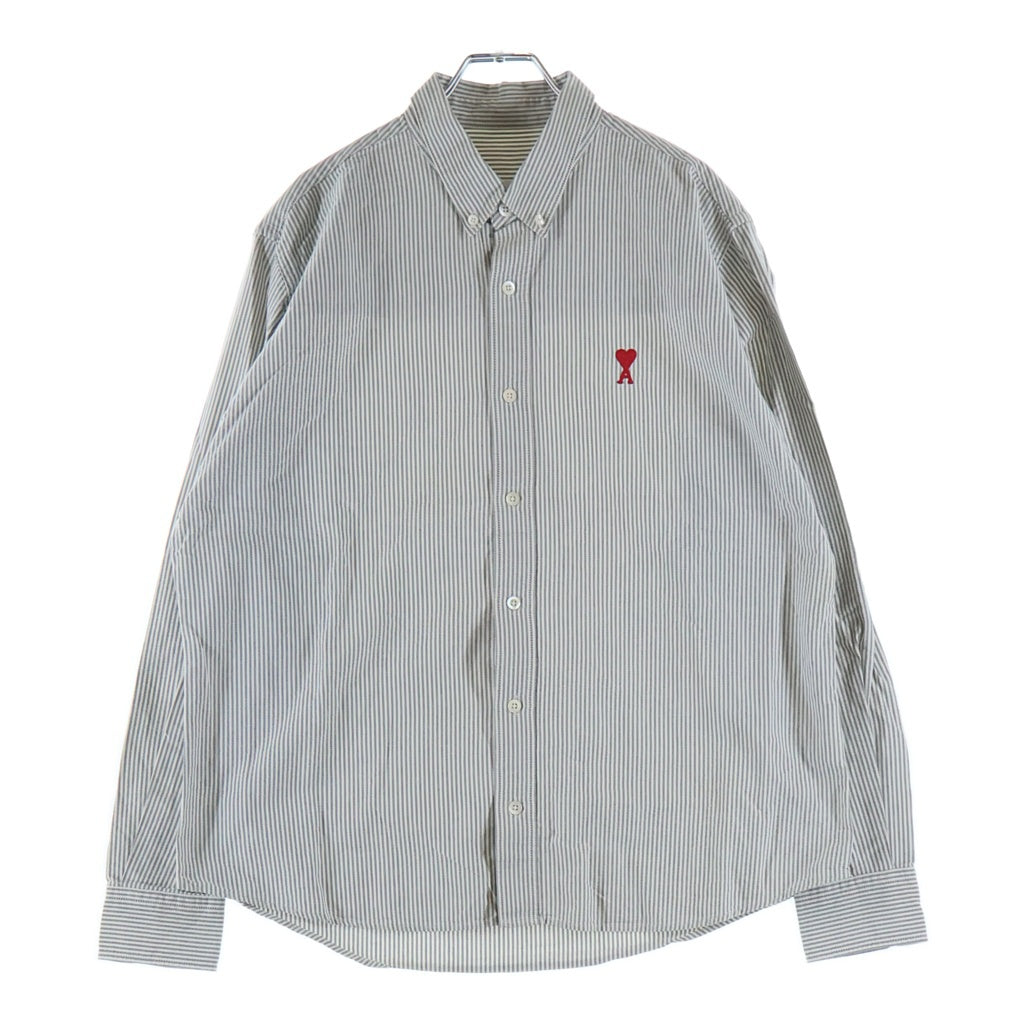 AMI Alexandre Mattiussi(アミアレクサンドルマテュッシ) L/S Shirt ハートロゴ刺繍 ストライプ長袖シャツ グレー BFHSH113.471