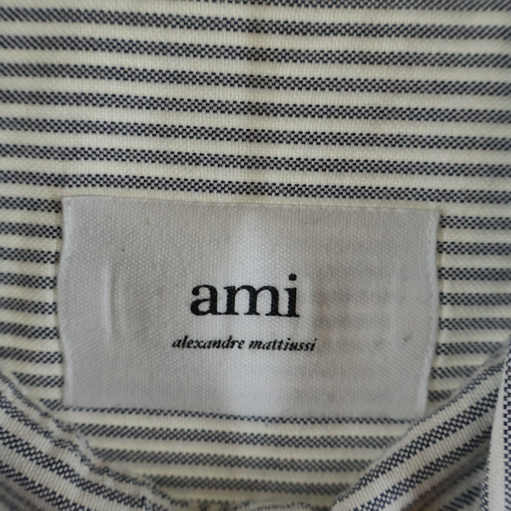 AMI Alexandre Mattiussi(アミアレクサンドルマテュッシ) L/S Shirt ハートロゴ刺繍 ストライプ長袖シャツ グレー BFHSH113.471