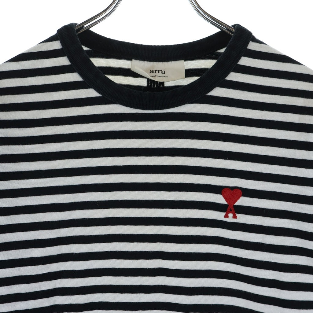 AMI Alexandre Mattiussi(アミアレクサンドルマテュッシ) L/S T-Shirt ハートロゴ刺繍 ボーダー長袖Tシャツ ホワイト A21FJ106.72