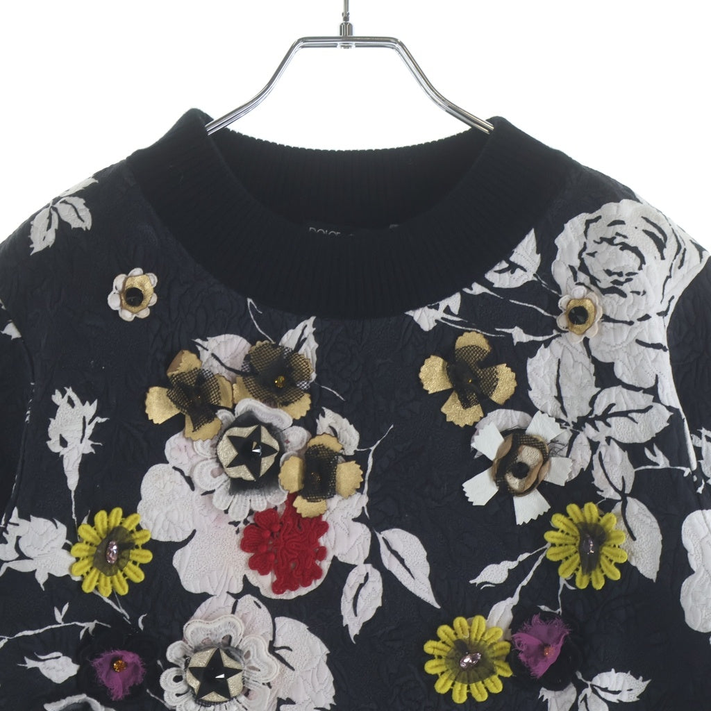 DOLCE & GABBANA(ドルチェアンドガッバーナ) Floral Embellished Top 花柄 装飾 クルーネック半袖トップス ブラック レディース F9728Z FSMVM