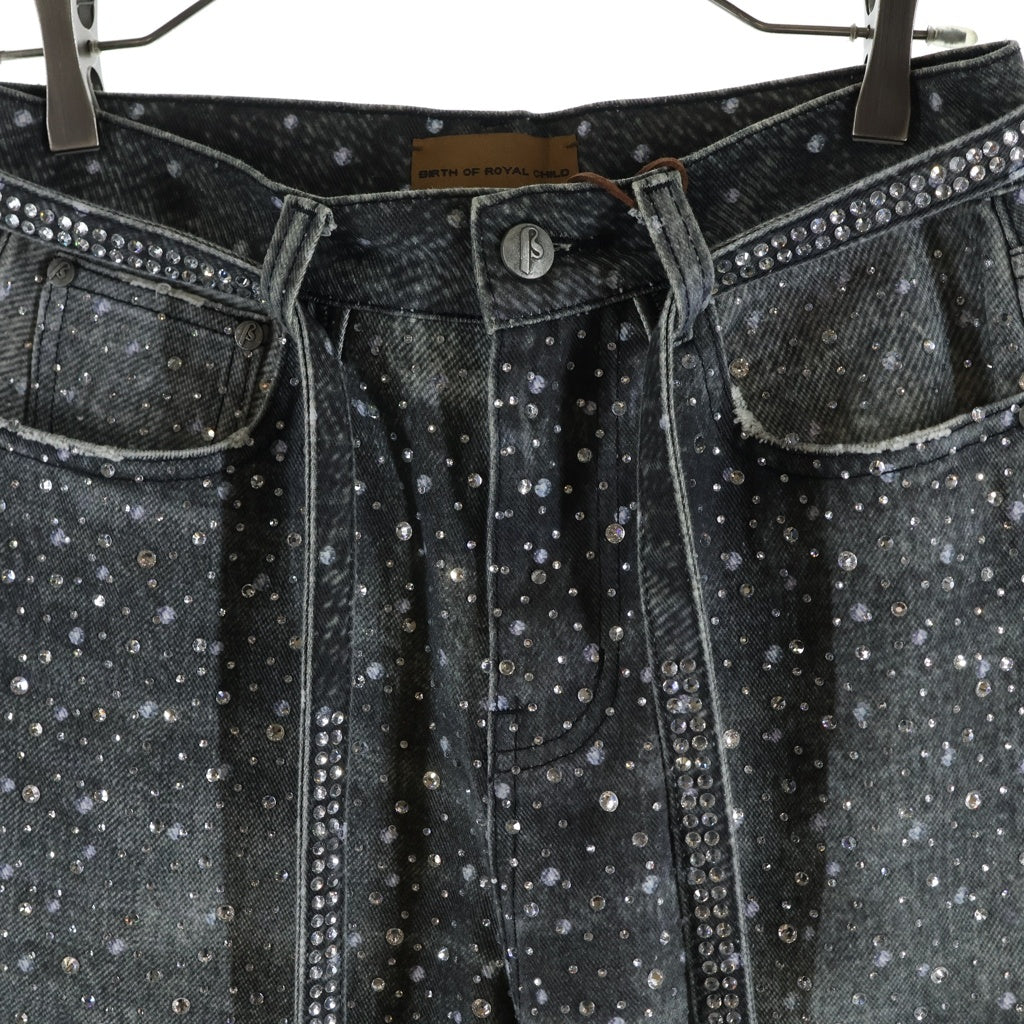 BIRTH OF ROYAL CHILD(バースオブロイヤルチャイルド) 3D Printing Washed 20k Swarovski Diamond Boro Denim ダメージ加工 ラインストーン装飾 デニムパンツ グレー