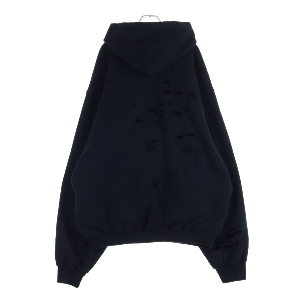 BALENCIAGA(バレンシアガ) 21SS デストロイ加工 ロゴミディアム フリースプルオーバーパーカー 659403 TKVB6 ブラック