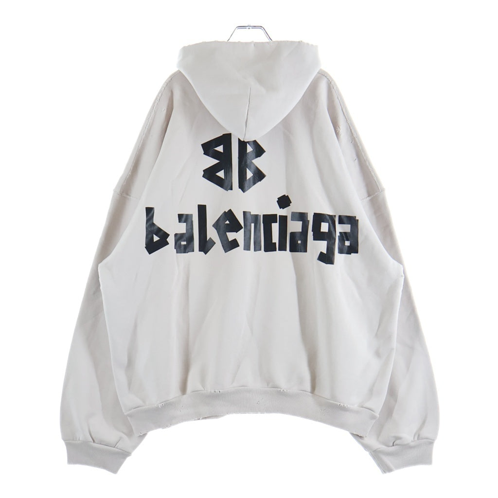 BALENCIAGA(バレンシアガ) Tape Logo Hoodie テープロゴ ダメージ加工 プルオーバースウェットパーカー フーディー アイボリー 739024 TQVQ9