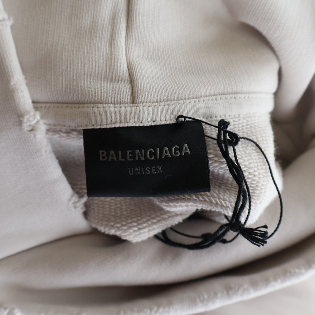 BALENCIAGA(バレンシアガ) Tape Logo Hoodie テープロゴ ダメージ加工 プルオーバースウェットパーカー フーディー アイボリー 739024 TQVQ9