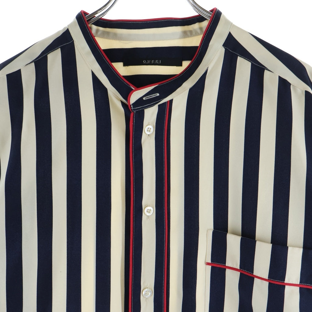 GUCCI(グッチ) Silk Shirt バンドカラー ストライプシルクシャツ ホワイト/ネイビー 375189 Z609A