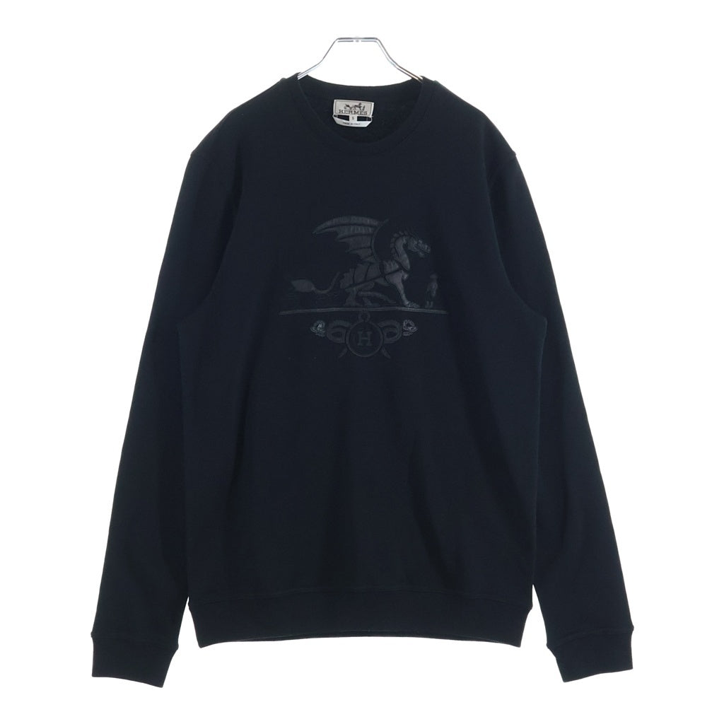 HERMES(エルメス) Ex-Libris Dragon Sweatshirt エクスリブリス ドラゴン レザーパッチ クルーネックスウェットトレーナー ブラック