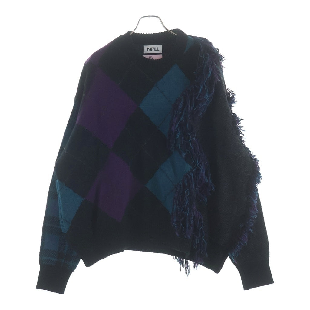 KIDILL(キディル) × rurumu: Destroy Argyle Tartan Pullover Knit KL458 ×ルルムウ デストロイ アーガイルタータン ニット ブラック/パープル