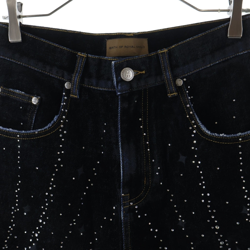 BIRTH OF ROYAL CHILD(バースオブロイヤルチャイルド) 20K Diamond Starlight Denim Shorts ラインストーン装飾 デニムハーフパンツ ショーツ ブラック