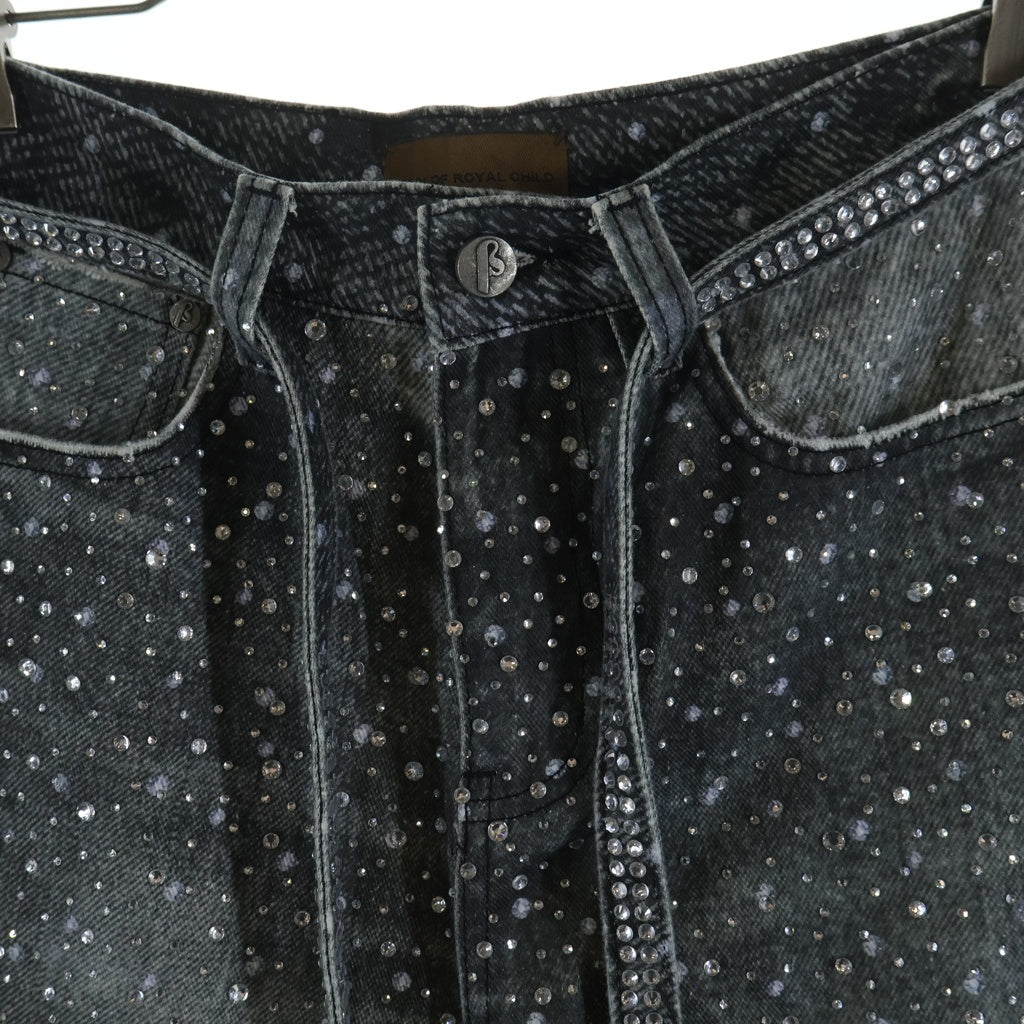 BIRTH OF ROYAL CHILD(バースオブロイヤルチャイルド) 3D Printing Washed 20k Swarovski Diamond Boro Denim ダメージ加工 ラインストーン装飾 デニムパンツ グレー