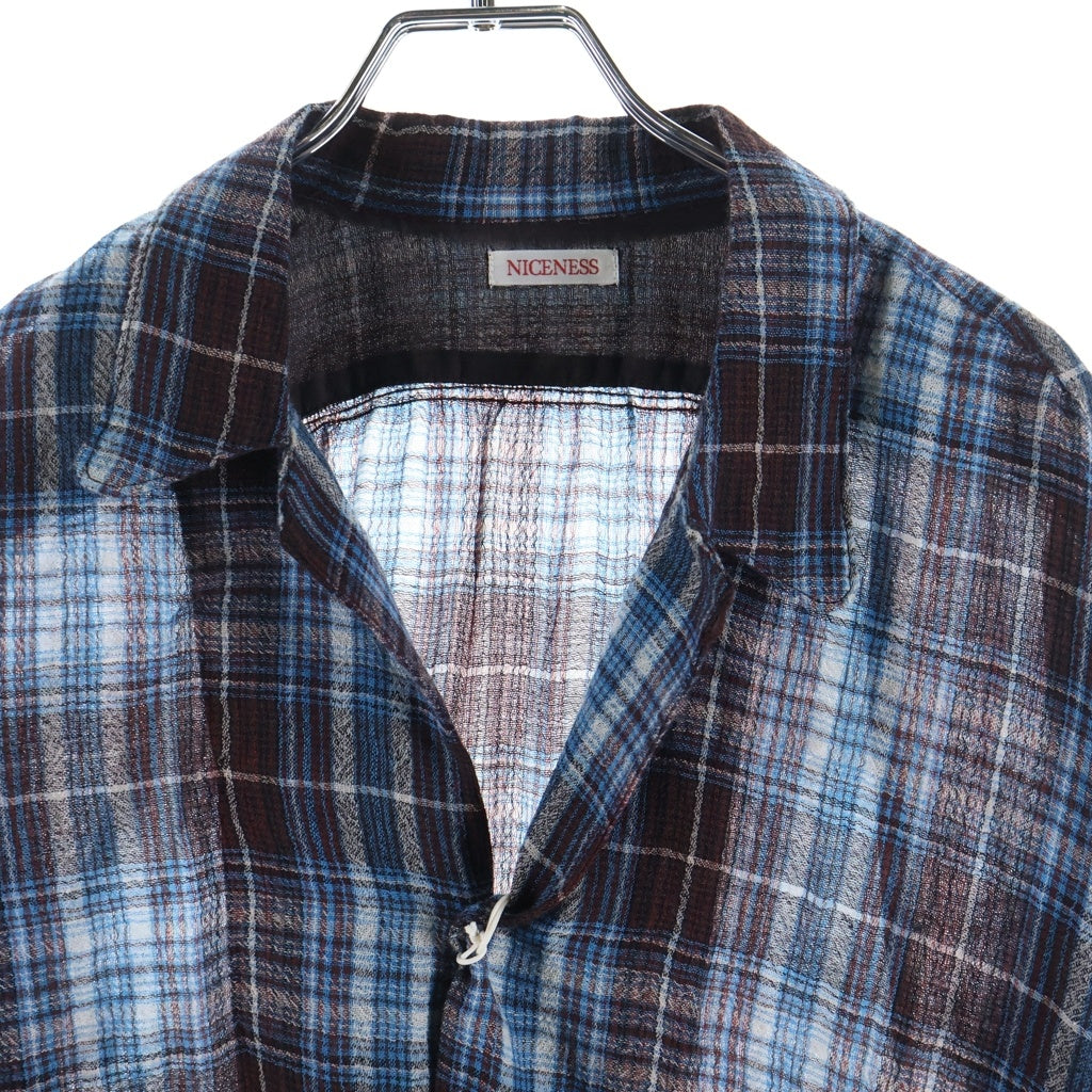 NICENESS(ナイスネス) 25AW Thom オープンカラー ウール長袖チェックシャツ ブルー HN-2701Y16 HN-2701Y16