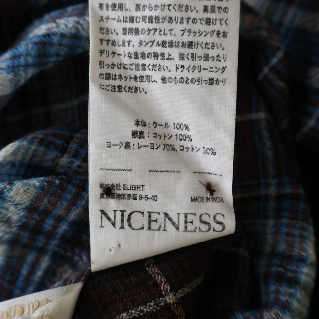 NICENESS(ナイスネス) 25AW Thom オープンカラー ウール長袖チェックシャツ ブルー HN-2701Y16 HN-2701Y16
