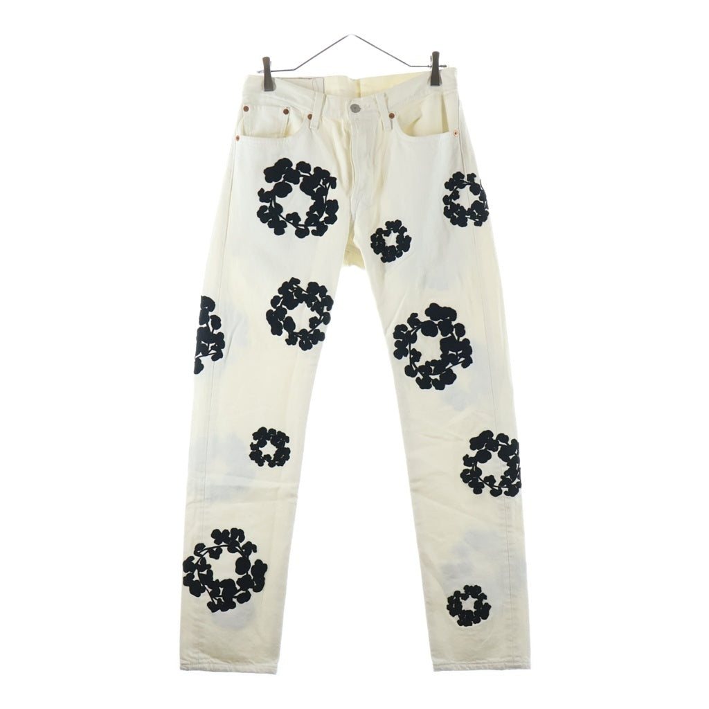 DENIM TEARS(デニムティアーズ) 22SS エンブロイダリーデザイン マルチポケット ボタンフライ ワイドストレート デニムパンツ ホワイト DT-S22-0000-012