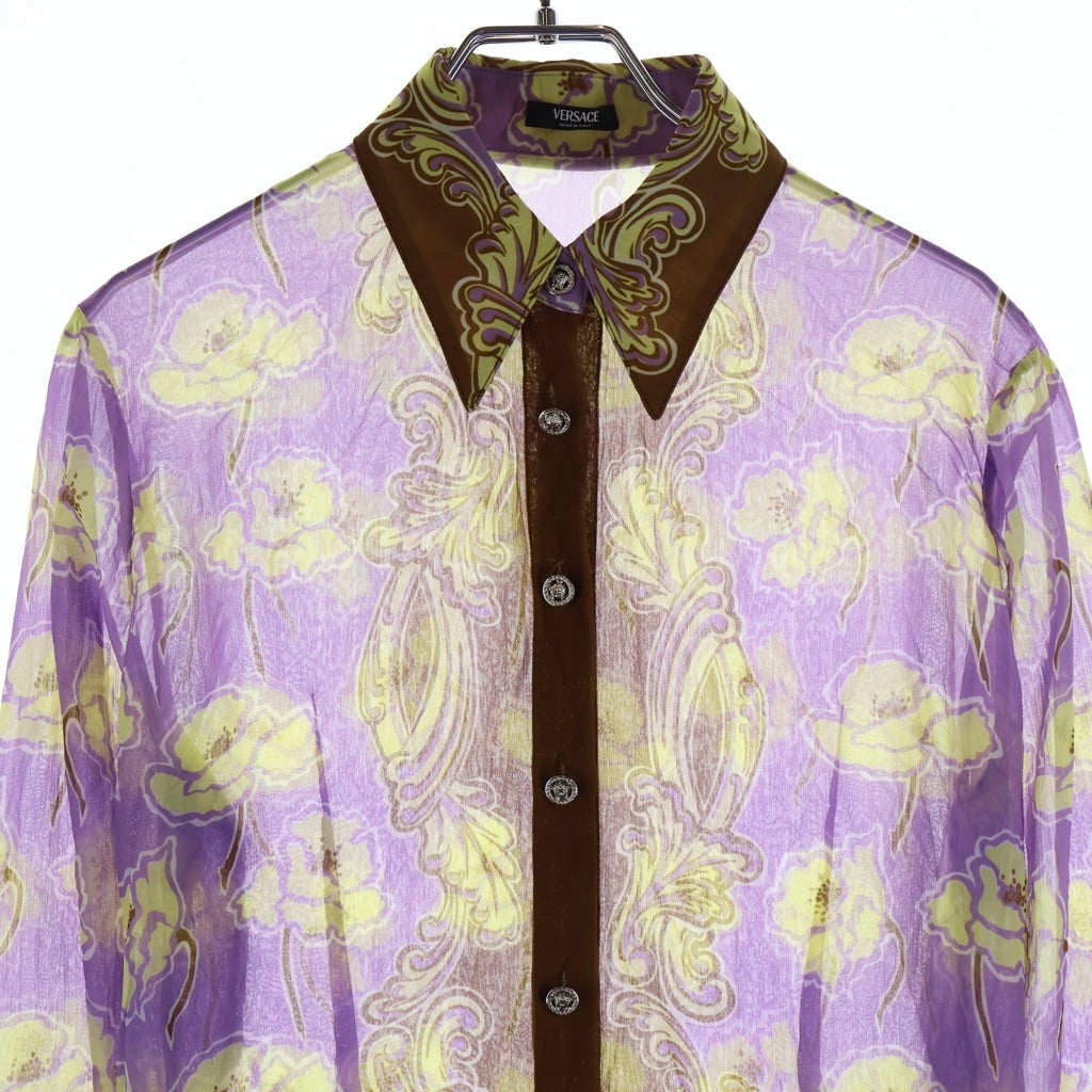 VERSACE(ヴェルサーチ) Sheer Shirt 総柄 長袖シアーシャツ パープル 1019545