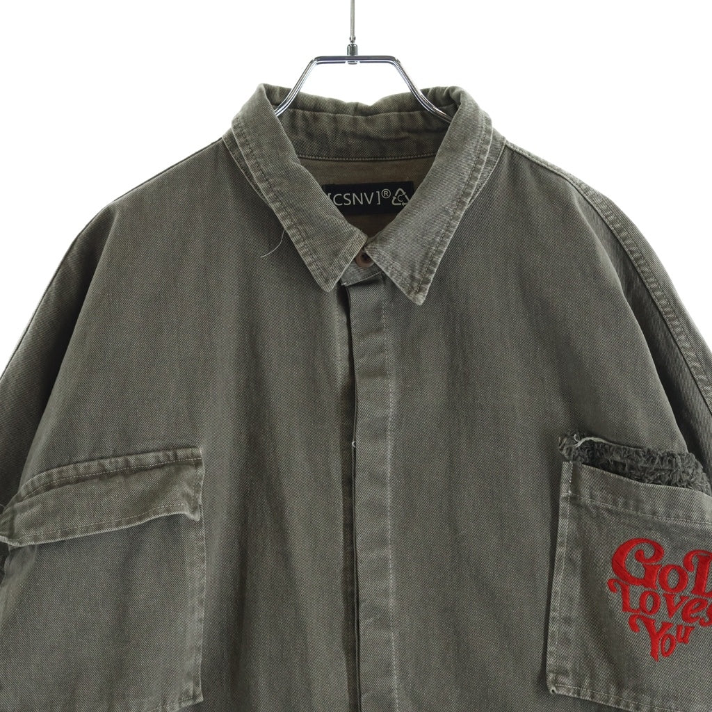 NO BRAND(ノーブランド) MAISON CASANOVA(メゾンカサノバ) Military Shirt ロゴ刺繍 ミリタリーシャツ 長袖シャツ カーキ