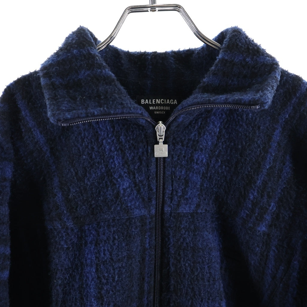 BALENCIAGA(バレンシアガ) 21AW Sporty B TRACKSUIT JACKET スポーティB刺繍 ハイネック チェック ウールフリースジャケット ブルー/ブラック 675648 TLU11