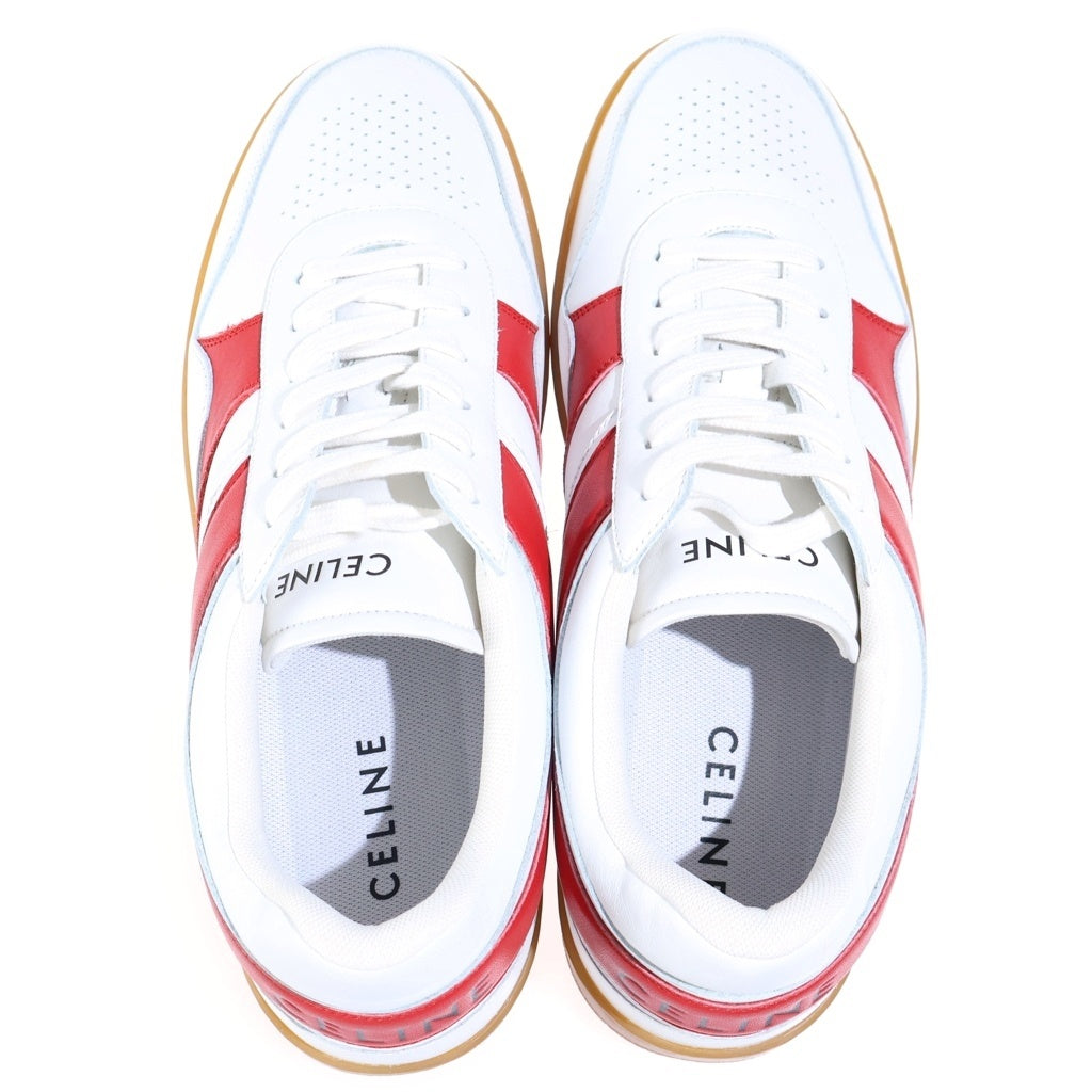 CELINE(セリーヌ) TRAINER LOW LACE-UP SNEAKER カーフスキン レースアップ ローカットスニーカー ホワイト／レッド