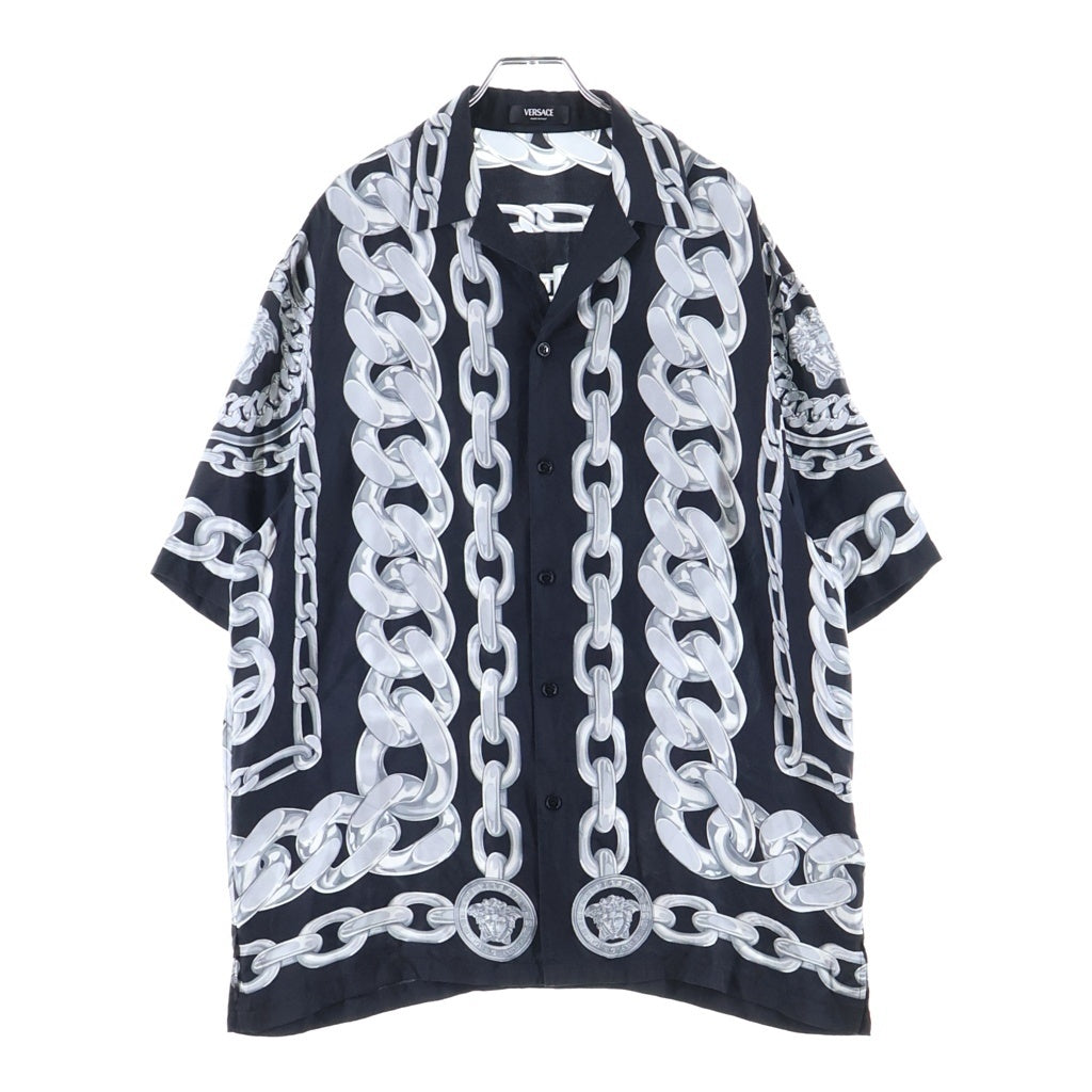 VERSACE(ヴェルサーチ) Silk Medusa Chain Shirt メデューサチェーンシャツ 開襟半袖シャツ 総柄 シルク ブラック 1003926 1A13397