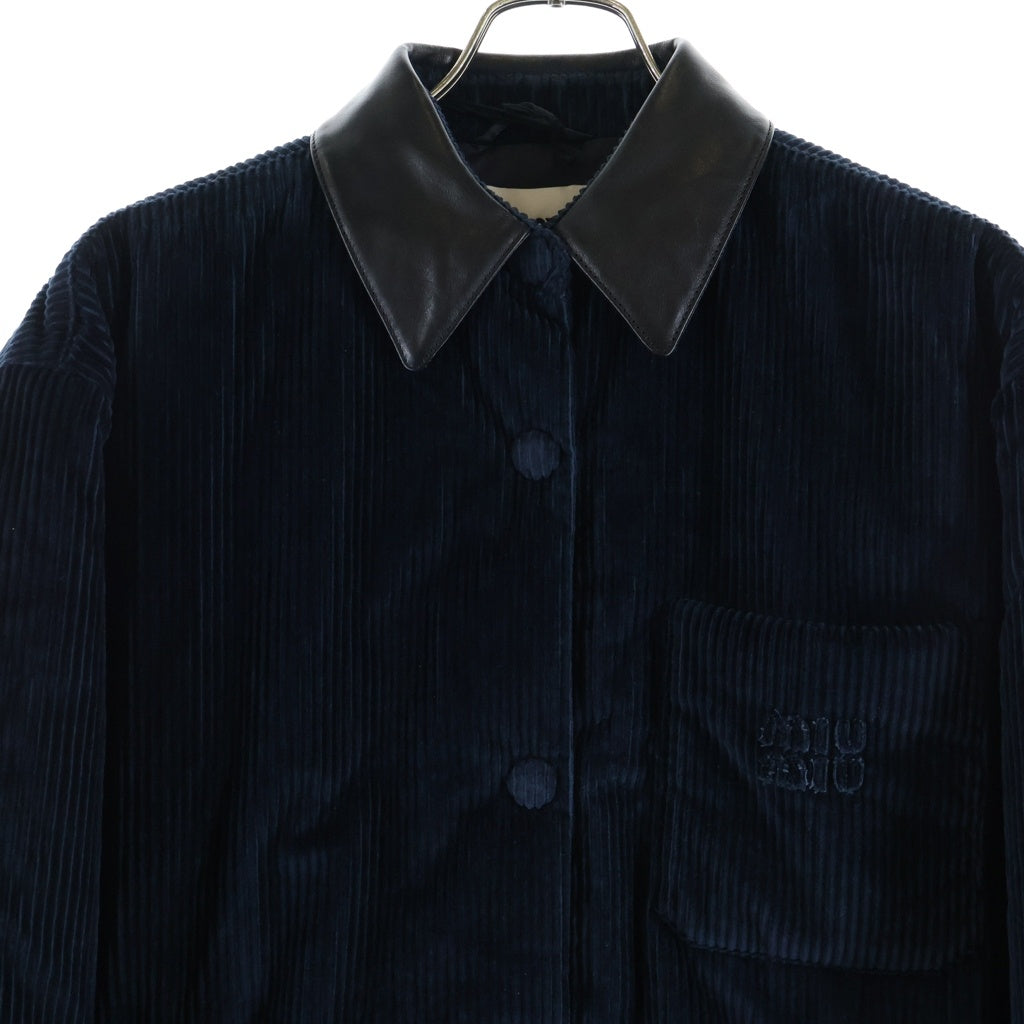 miumiu(ミュウミュウ) 25AW 襟ナッパレザー コーデュロイ 中綿シャツジャケット ネイビー/ブラック ML1322