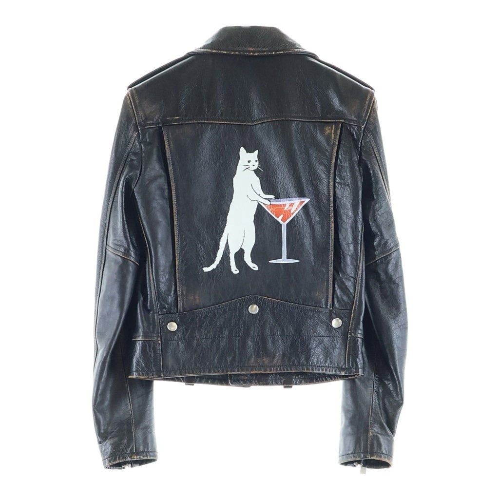 SAINT LAURENT PARIS(サンローランパリ) 17AW MOTORCYCLE JACKET CAT&COCKTAIL ダメージ加工 カーフレザー モータサイクル ダブルライダースジャケット ブラック レディース 483165 Y5RD2