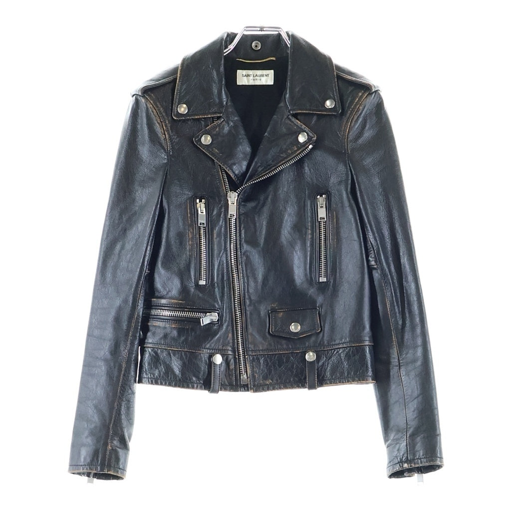 SAINT LAURENT PARIS(サンローランパリ) 17AW MOTORCYCLE JACKET CAT&COCKTAIL ダメージ加工 カーフレザー モータサイクル ダブルライダースジャケット ブラック レディース 483165 Y5RD2