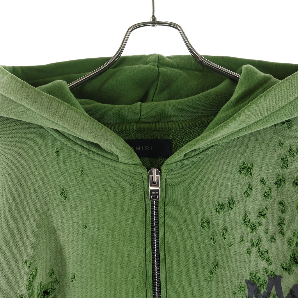AMIRI(アミリ) MAロゴ ショットガン加工 ダメージ フルジップパーカー スウェットパーカー グリーン SRAMJYHD1002SMRBCO12