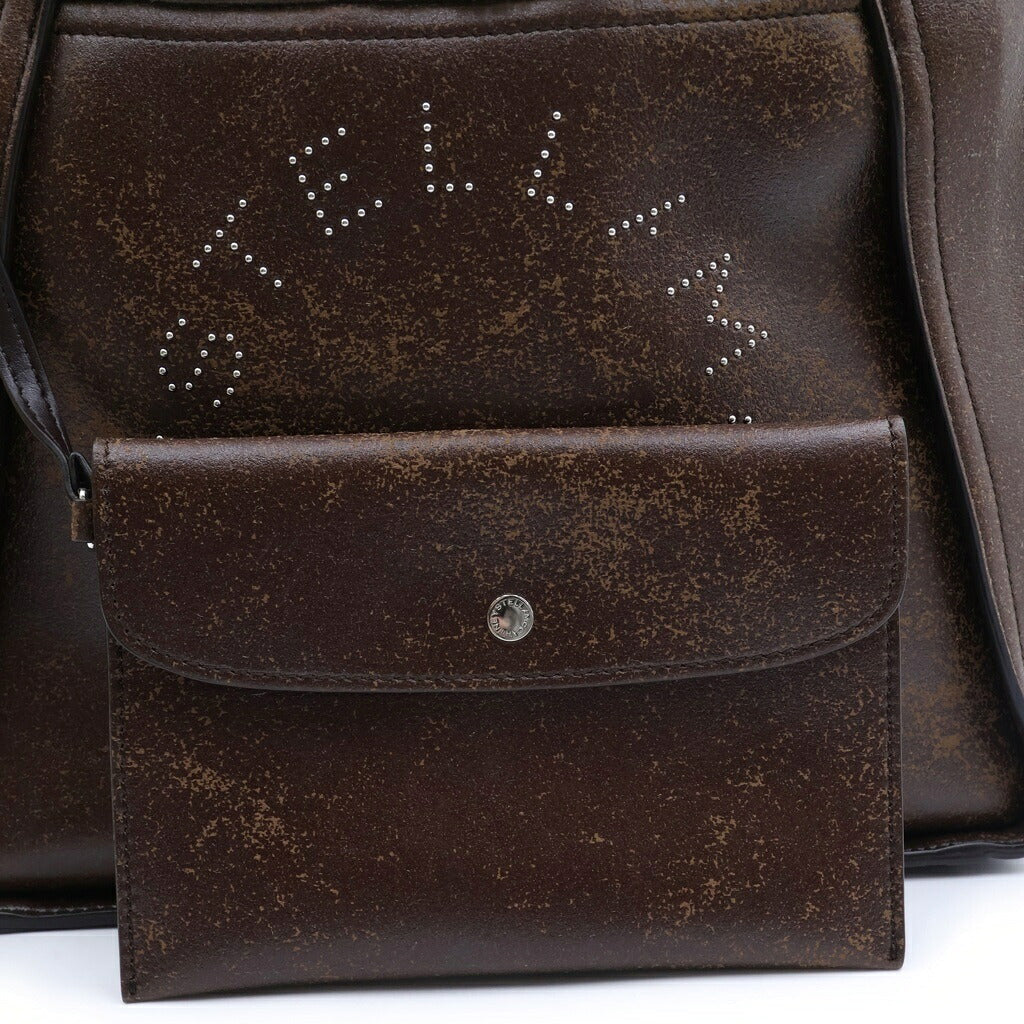 STELLA McCARTNEY(ステラマッカートニー) Logo Plush-Lined Crossbody Tote Bag ロゴ プラッシュライニング ヴィーガンレザー ダメージ加工 ポーチ付き クロスボディ トートバッグ ショルダーバッグ ブラウン