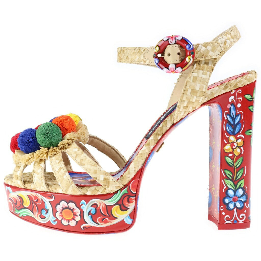 DOLCE & GABBANA(ドルチェアンドガッバーナ) Sandal ラフィア 総柄 プラットフォームサンダル レッド レディース
