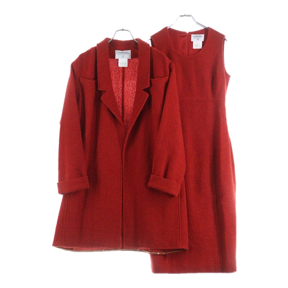 CHANEL(シャネル) ココマーク セットアップ ウールツイード ボタンレス ロング テーラードジャケット ノースリーブ ロング ワンピース レッド レディース P05828V04334