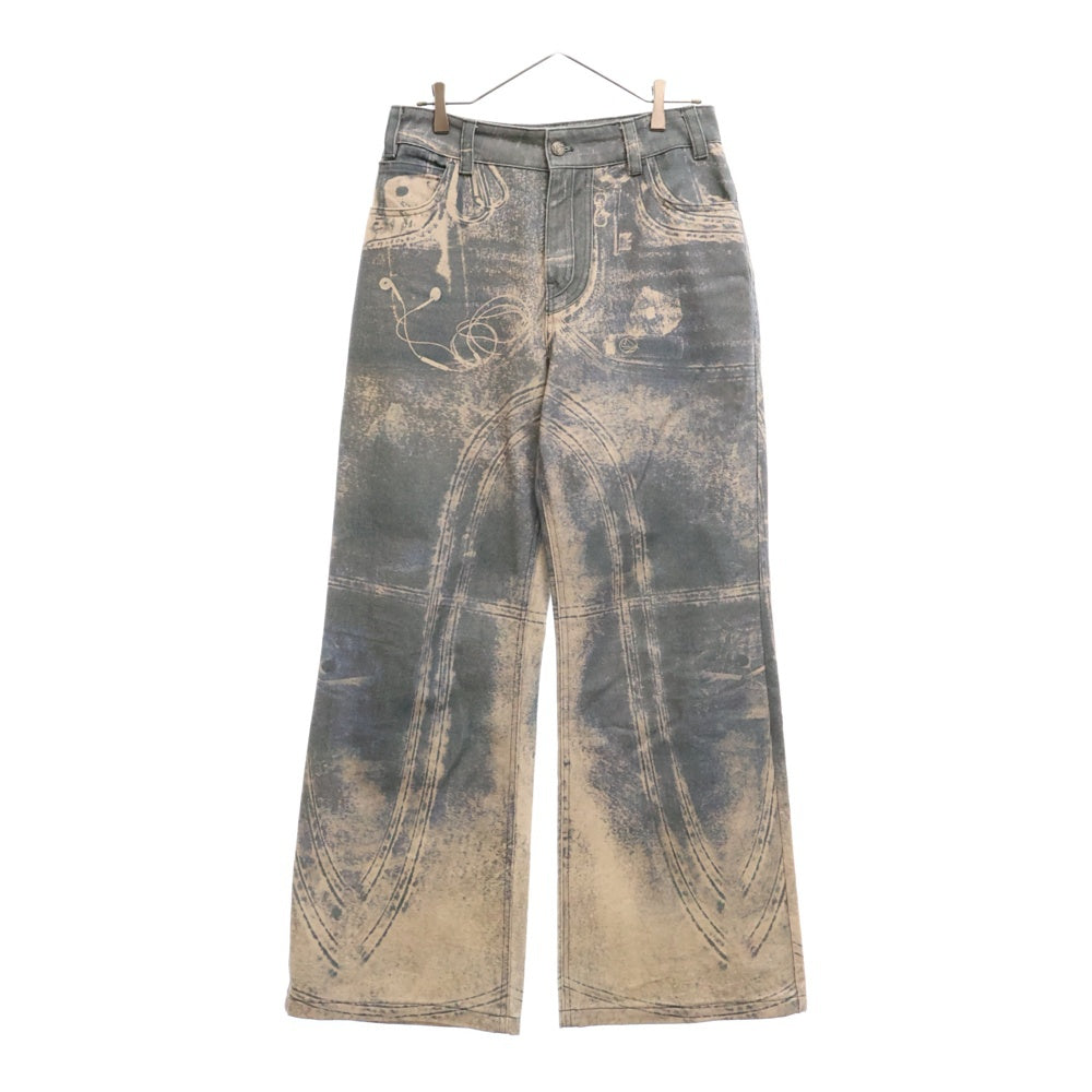 NO/FAITH STUDIOS(ノーフェイスストゥディオス) PRINTED DENIM BEI USED LOOK PRINTED プリント フレア デニム パンツ ブルー