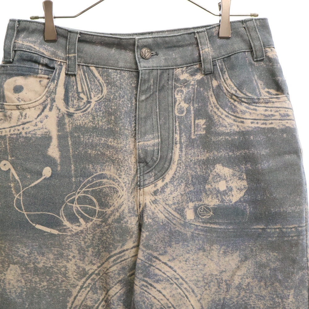NO/FAITH STUDIOS(ノーフェイスストゥディオス) PRINTED DENIM BEI USED LOOK PRINTED プリント フレア デニム パンツ ブルー