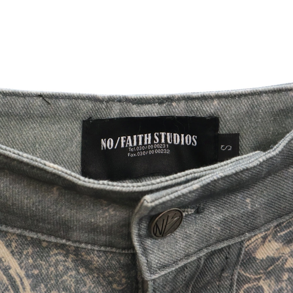 NO/FAITH STUDIOS(ノーフェイスストゥディオス) PRINTED DENIM BEI USED LOOK PRINTED プリント フレア デニム パンツ ブルー