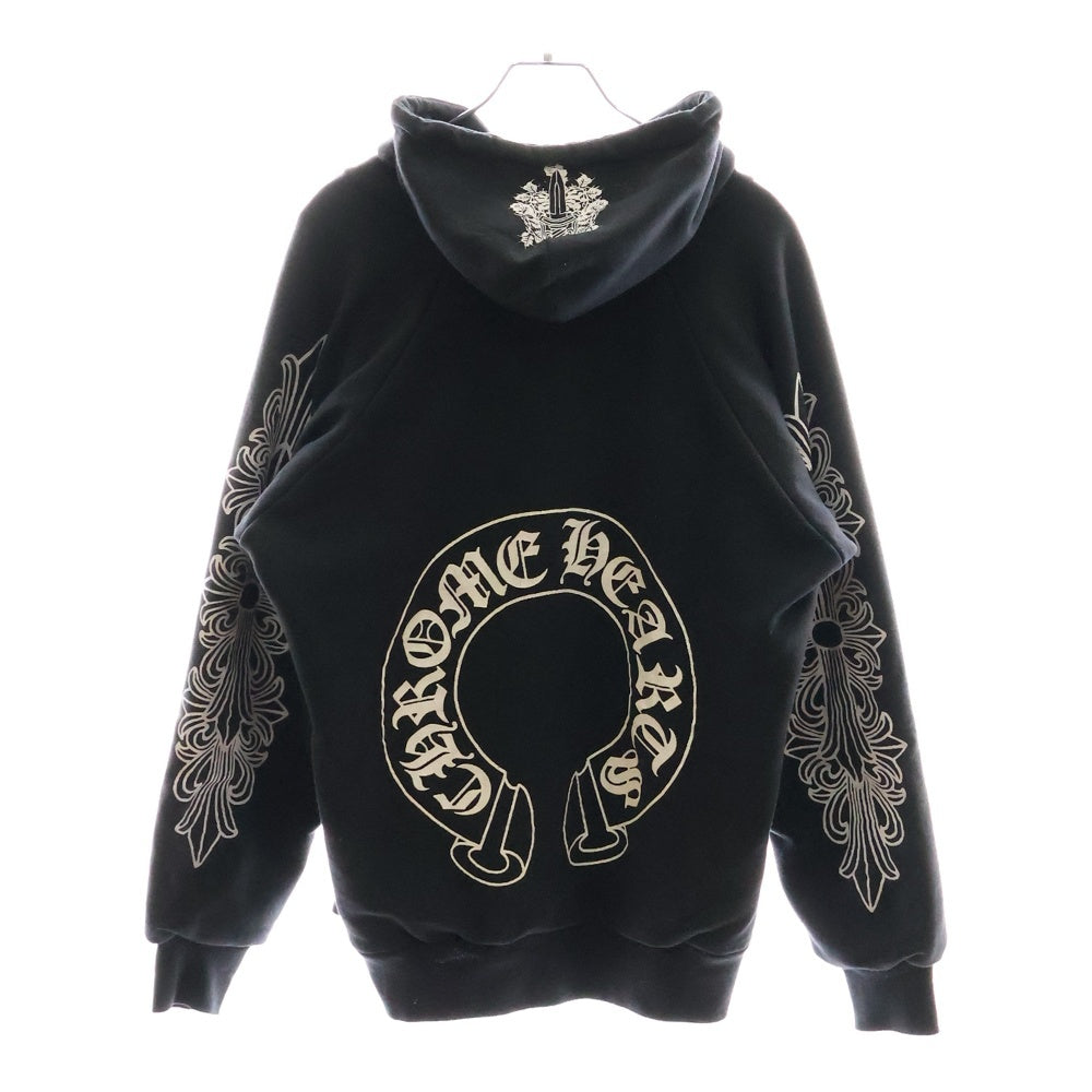 CHROME HEARTS(クロムハーツ) OLD SWTSHRT PLVR オールドモデル 袖フローラル ホースシュー サーマル裏地プルオーバーパーカーパーカー ブラック ボロチップ付き