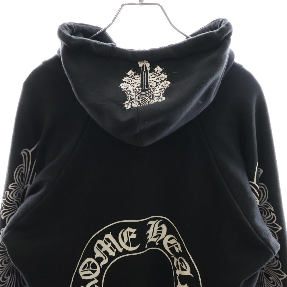 CHROME HEARTS(クロムハーツ) OLD SWTSHRT PLVR オールドモデル 袖フローラル ホースシュー サーマル裏地プルオーバーパーカーパーカー ブラック ボロチップ付き