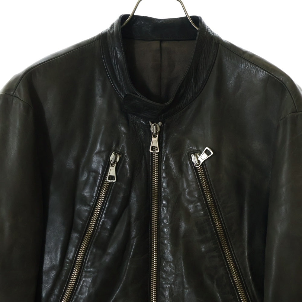 Maison Martin Margiela(メゾンマルタンマルジェラ) 01AW Archive 本人期 ダメージ加工 ビニールタグ 八の字 レザーライダースジャケット ダークグリーン