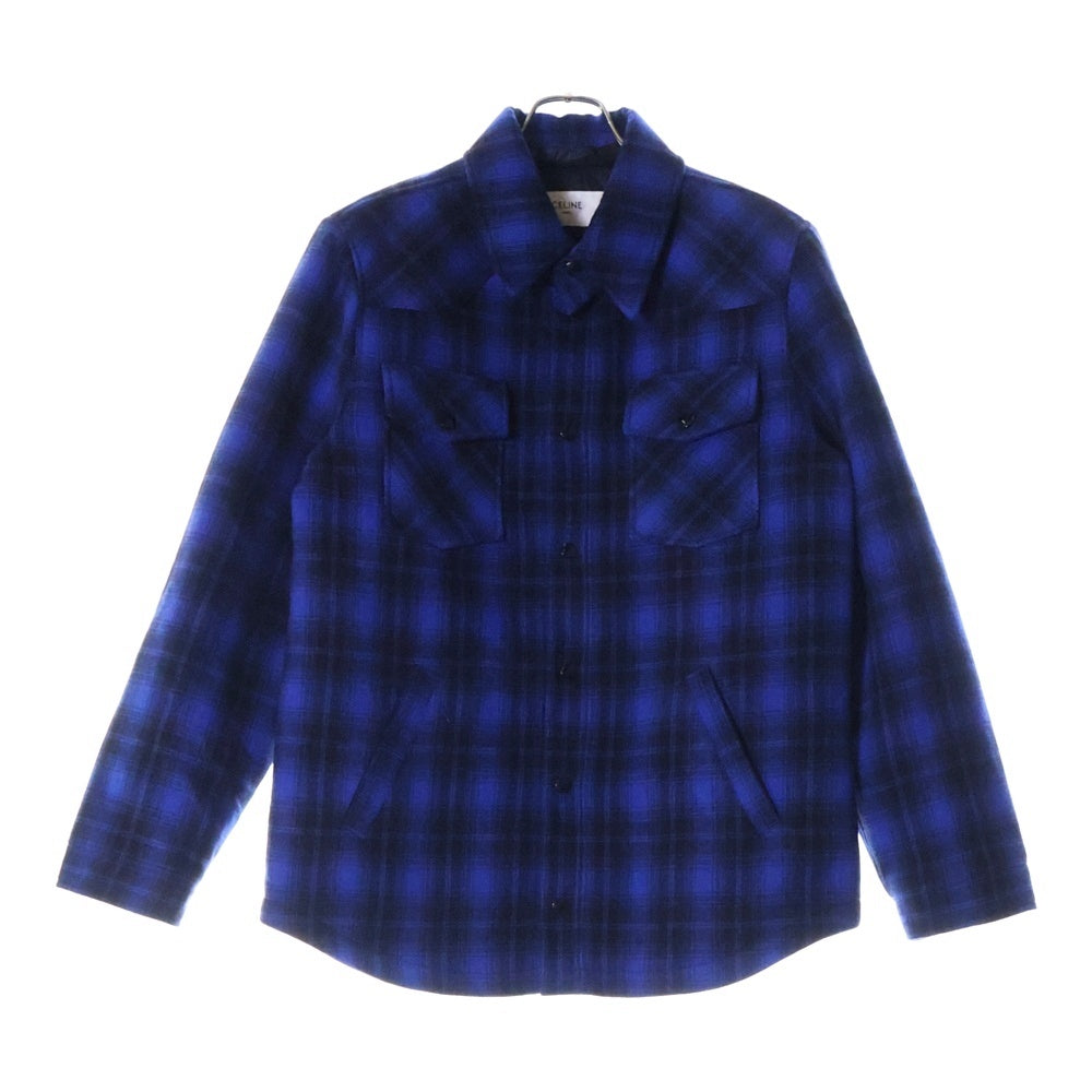 CELINE(セリーヌ) 22AW フードロゴ 長袖パディッドチェックシャツ ブルー/ブラック 2W410994R