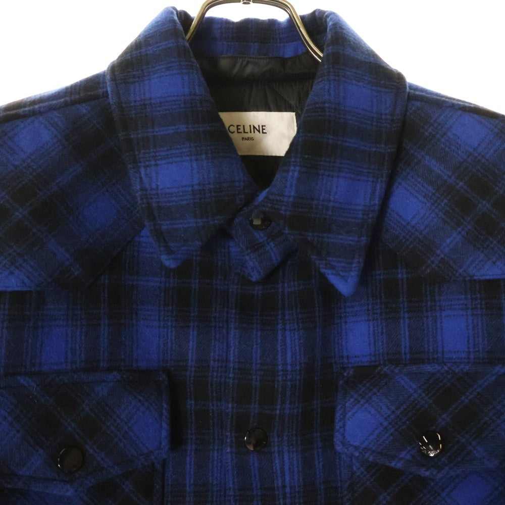 CELINE(セリーヌ) 22AW フードロゴ 長袖パディッドチェックシャツ ブルー/ブラック 2W410994R