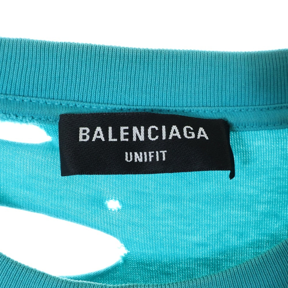 BALENCIAGA(バレンシアガ) 21SS Caps Destroyed Flatground Tee デストロイ加工 ロゴプリント 半袖Tシャツ ライトブルー 651795 TKVB8