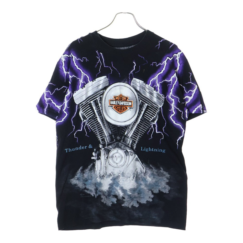 VINTAGE(ヴィンテージ) 90S Harley Davidson Thunder & Lightning ハーレーダビッドソン サンダー ライトニング オーバープリント 半袖Tシャツ ブラック