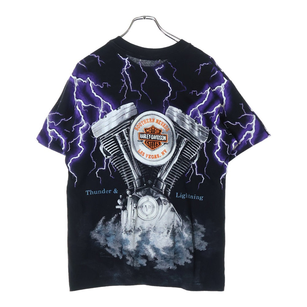 VINTAGE(ヴィンテージ) 90S Harley Davidson Thunder & Lightning ハーレーダビッドソン サンダー ライトニング オーバープリント 半袖Tシャツ ブラック