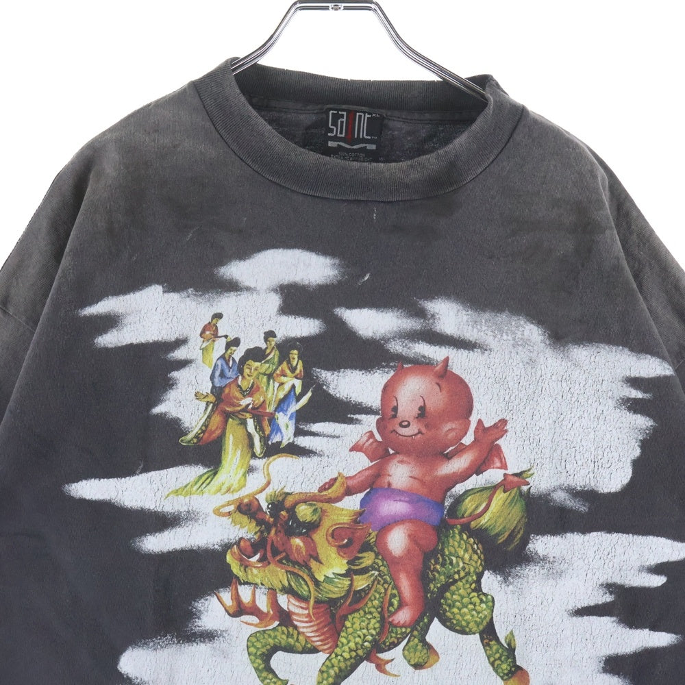 SAINT MICHAEL(セントマイケル) 25SS SS TEE DAMAGED SM-HR8-0000-017 両面プリント ダメージ加工 半袖Tシャツ ダークグレー