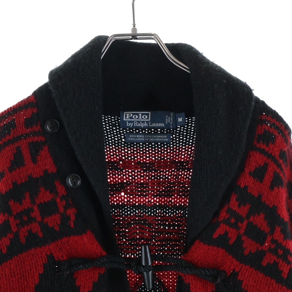POLO RALPH LAUREN(ポロラルフローレン) 90s ウールカシミア トグルボタン カーディガン エルボーパッチ ノルディック柄 ブラック×レッド