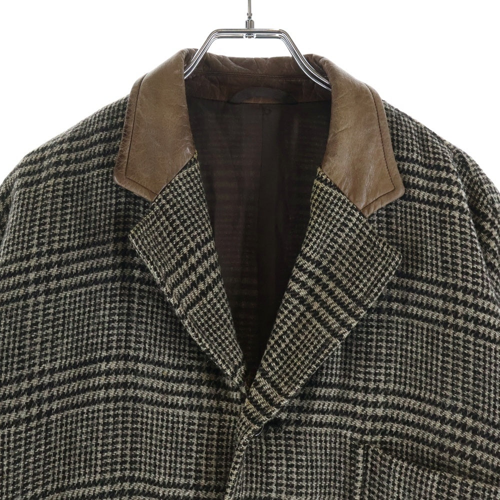 COMME des GARCONS HOMME(コムデギャルソンオム) 80s 田中オム Archive ウールナイロン 襟レザー切り替えコート ハーフコート ジャケット チェック×ブラウン