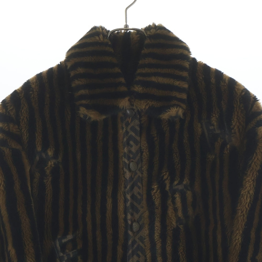FENDI(フェンディ) 90-00s FENDI JEANS OLD ズッカ柄 ストライプ フェイクファーコート ハーフコート アクリル ブラウン×ブラック レディース D-HG-1234