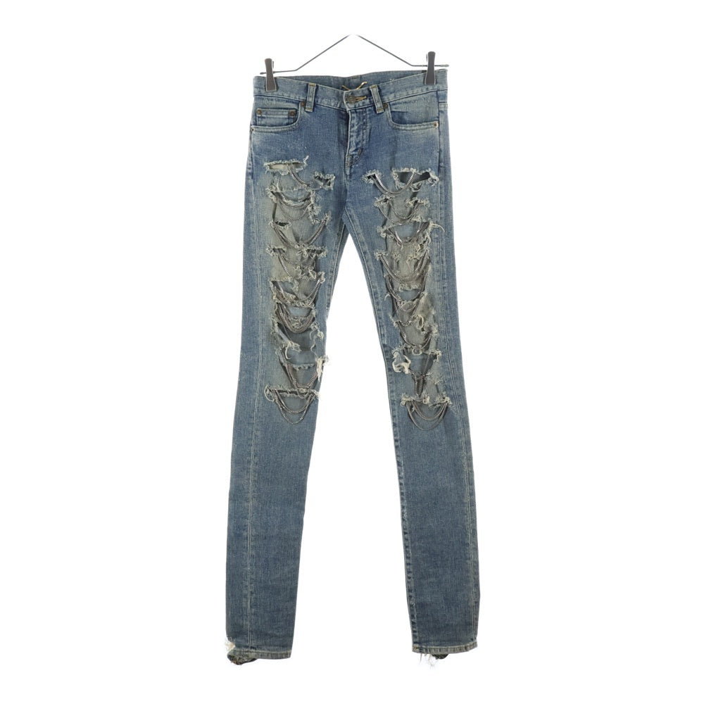 SAINT LAURENT PARIS(サンローランパリ) 13AW エディ期 チェーン クラッシュデニム ダメージ加工 スキニーパンツ インディゴ レディース