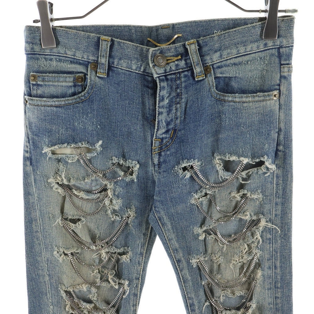 SAINT LAURENT PARIS(サンローランパリ) 13AW エディ期 チェーン クラッシュデニム ダメージ加工 スキニーパンツ インディゴ レディース
