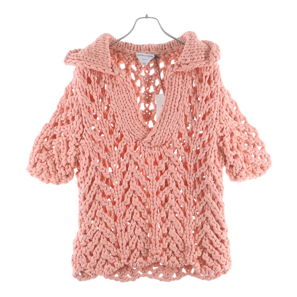 BOTTEGA VENETA(ボッテガヴェネタ) JUMBO CHEVRON HANDKNIT SS 655226 V0RE0 ニットVネック半袖 ライトピンク