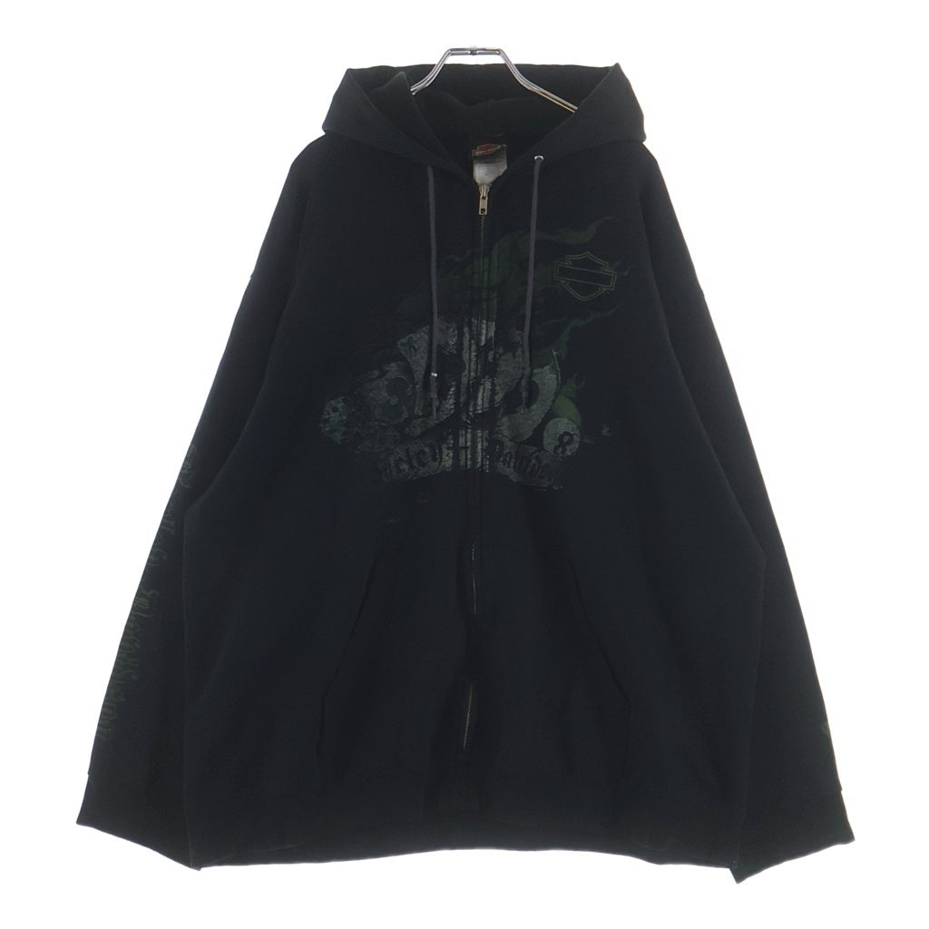 HARLEY DAVIDSON(ハーレーダビッドソン) 10s GREEN FLAMES ZIPUP HOODIE グリーンフレイムス 袖ロゴ ジップアップパーカー ブラック