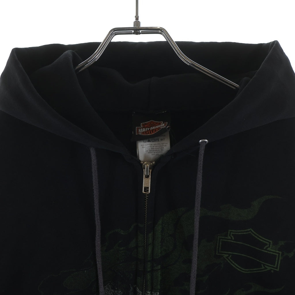HARLEY DAVIDSON(ハーレーダビッドソン) 10s GREEN FLAMES ZIPUP HOODIE グリーンフレイムス 袖ロゴ ジップアップパーカー ブラック